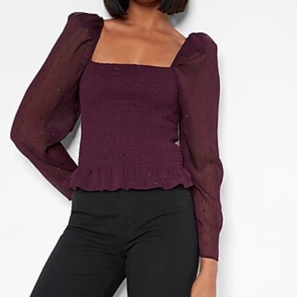 Express smocked bodice top Sz S puff sleeves ruffle hem metallic detail - Picture 1 of 7